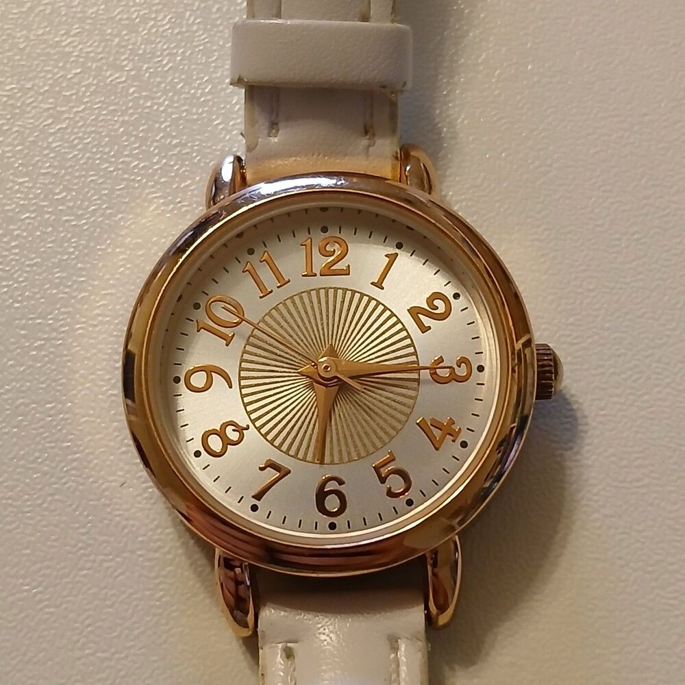 Women's White Gold Tone Round Dial Minimalist Dainty Faux Leather Analog Watch